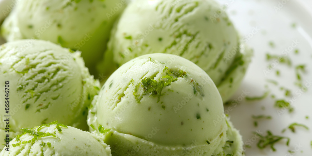 Refreshing cilantro lime ice cream, a closeup of refreshing cilantro lime ice cream, its green color and zesty lime flavor highlighted against a white background Refreshing cilantro lime ice cream, a closeup of refreshing cilantro lime ice cream, its green color and zesty lime flavor highlighted against a white background