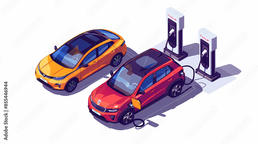 Naklejka premium omparing electric car versus gasoline diesel car suv. Electric vehicle charging at charger stand vs. fossil car refueling petrol gas station.