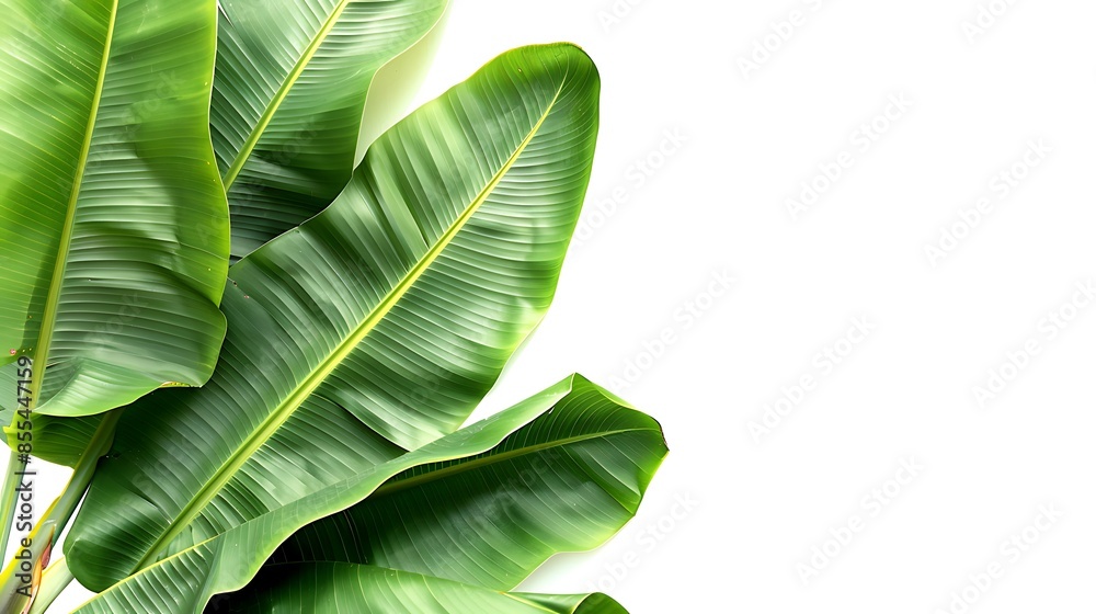 Fototapeta premium Green Banana Leaves on Left Side, Isolated on White Background : Suitable for Be Used as a Background in Any Project (Print, Graphic Design, Web Design) Related to Plants and Flowers Theme.