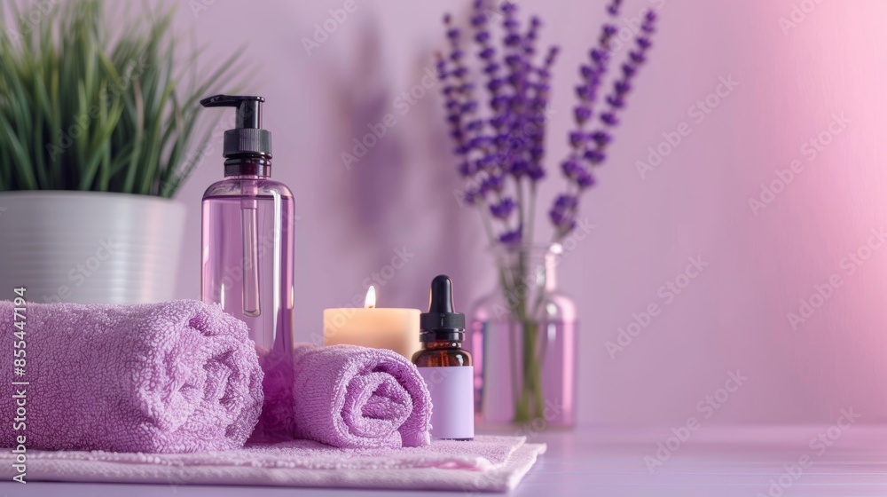 Lavender Spa Essentials: Scented Candles, Towels, and Oils in Soft Purple Decor Lavender Spa Essentials: Scented Candles, Towels, and Oils in Soft Purple Decor