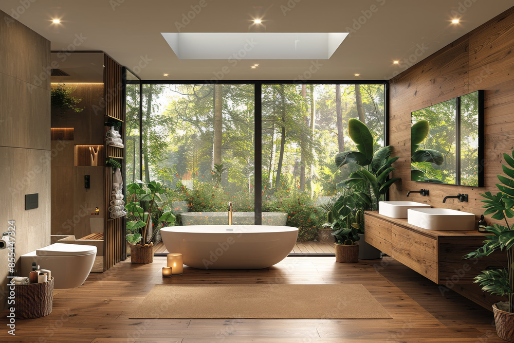 Modern bathroom with a large mirror and stylish decor Modern bathroom with a large mirror and stylish decor