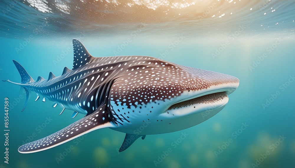 Naklejka premium A whale shark swimming in open water, surrounded by tiny bubbles rising to the surface, with