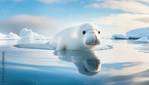 A tranquil moment of a beluga whale floating in the serene, icy waters of the Arctic, the pr photo