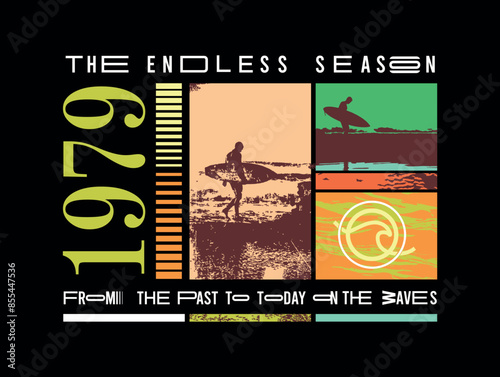 Vector illustration of surfers silhouettes, text and elements related to surfing. Art for prints on t-shirts, posters, etc...
