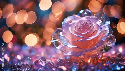  macro shot of a crystal rose; fantasy background with a bokeh effect