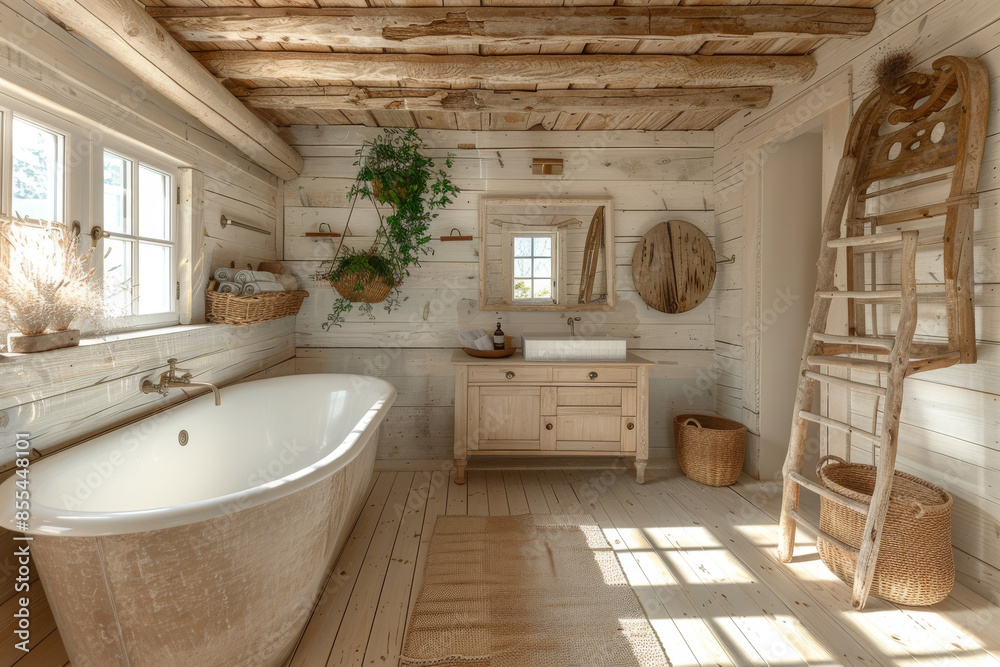 Rustic bathroom with wooden elements and natural light Rustic bathroom with wooden elements and natural light