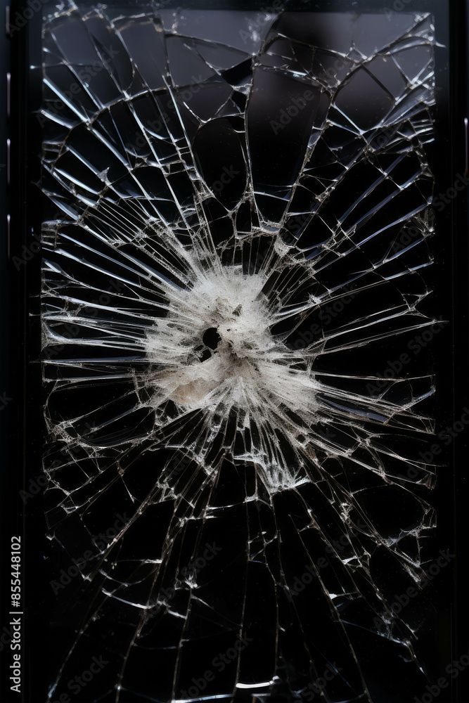 Obraz premium Close-Up of a Shattered Smartphone Screen with Cracks Radiating from Impact Point