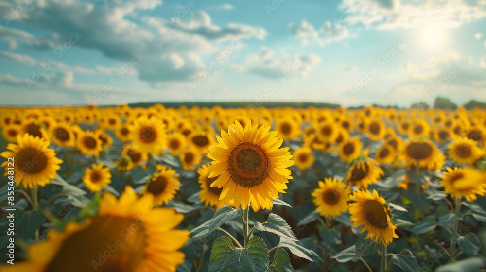 Obraz premium Sunlit Sunflower Field under a Bright Blue Sky with Fluffy Clouds