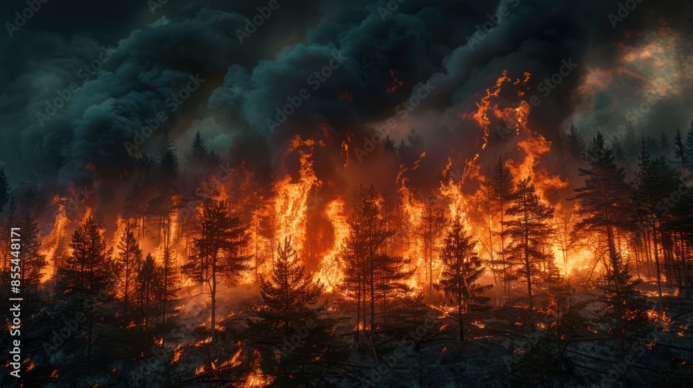 Raging Wildfire Engulfing Pine Forest in the Dark Raging Wildfire Engulfing Pine Forest in the Dark