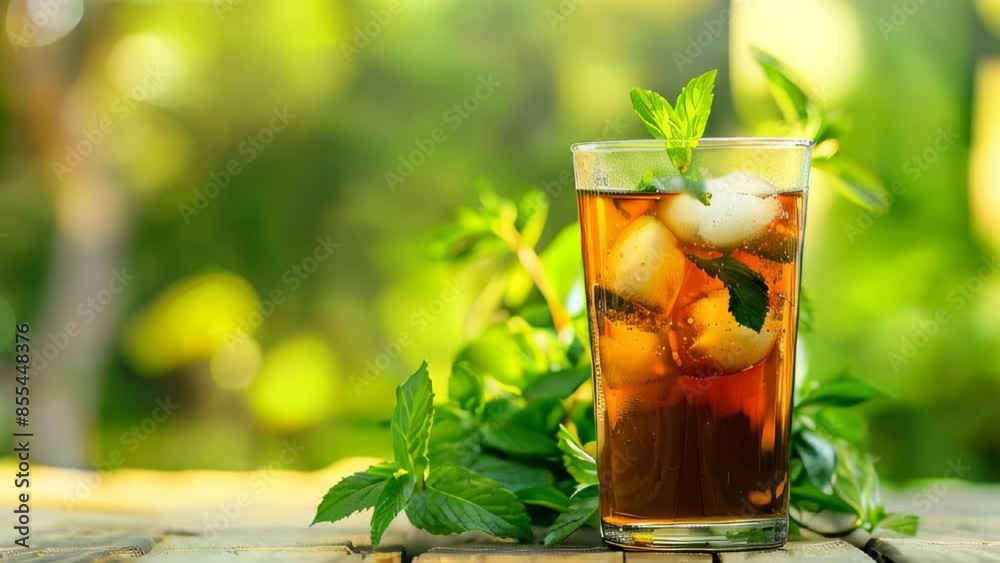 Refreshing iced tea with mint leaves and ice cubes on wooden table outdoors Refreshing iced tea with mint leaves and ice cubes on wooden table outdoors