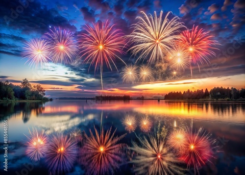 banner template with fireworks reflecting in a lake at dusk for independence day photo