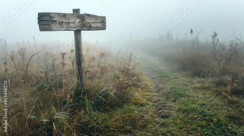 wooden signpost with path in nature at misty morning. generative ai