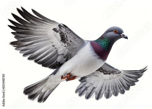 Pigeon flying, on a white background