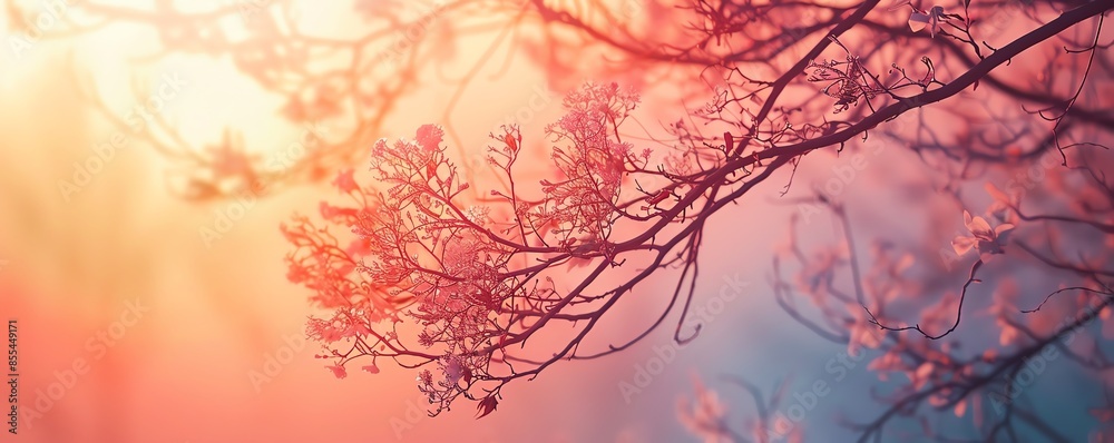 A serene and dreamy scene of tree branches with delicate pink flowers glowing in warm, soft sunlight, creating a tranquil and ethereal atmosphere. A serene and dreamy scene of tree branches with delicate pink flowers glowing in warm, soft sunlight, creating a tranquil and ethereal atmosphere.