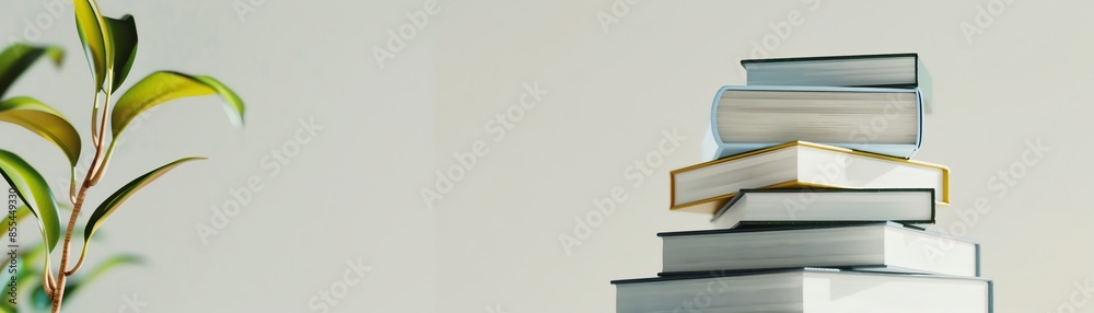 Stack of books on a table beside a small indoor plant against a light background, perfect for educational or literary themes. Stack of books on a table beside a small indoor plant against a light background, perfect for educational or literary themes.