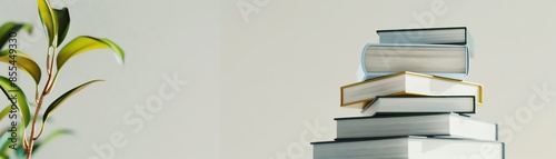 Stack of books on a table beside a small indoor plant against a light background, perfect for educational or literary themes. photo