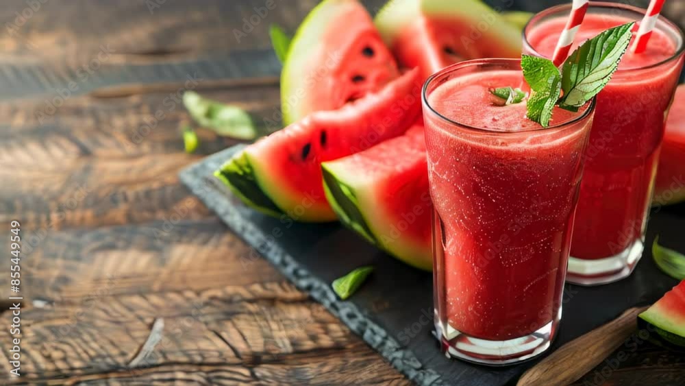 Fresh watermelon smoothies with mint on rustic table Fresh watermelon smoothies with mint on rustic table