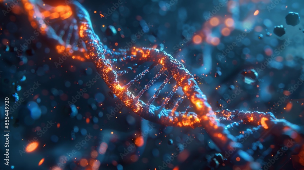 Close-up of DNA strand glowing in the dark, scientific and medical concept Close-up of DNA strand glowing in the dark, scientific and medical concept