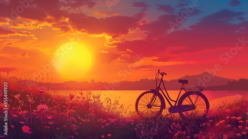 World bicycle day concept International holiday june 3, bicycle with sunset scenery landscape background, banner, card, poster with text space © Ammar