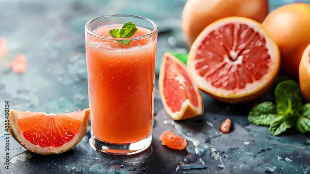 Refreshing glass of grapefruit juice with mint and fresh slices on textured surface