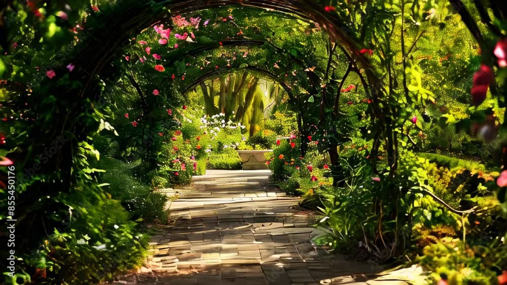 Sunlit garden pathway under floral arches, surrounded by lush greenery and vibrant flowers