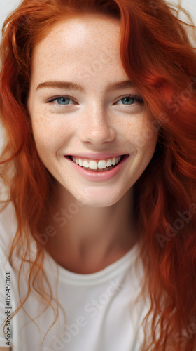  closeup portrait of amazing young red hair woman attractive appearance isolated over colorful background