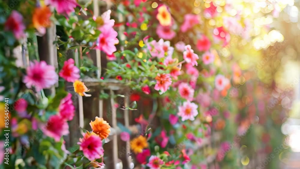 Brightly colored flowers in lush garden on sunny day, with variety of pink and orange blooms Brightly colored flowers in lush garden on sunny day, with variety of pink and orange blooms