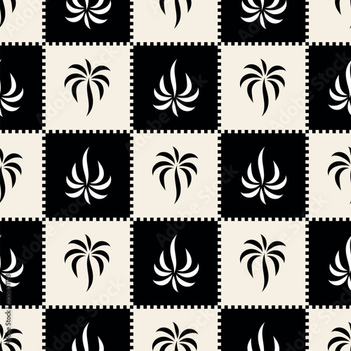 Checkered pattern with stylish palm tree print. vector seamless pattern