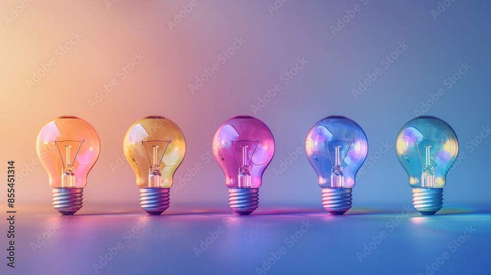 Five colorful light bulbs in a row, glowing in different colors on a gradient background. Creativity and innovation concept Five colorful light bulbs in a row, glowing in different colors on a gradient background. Creativity and innovation concept