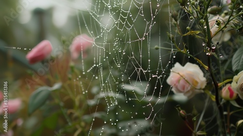 Raindrops on spider webs among community garden roses, close-up, misty morning, tranquil, no humans