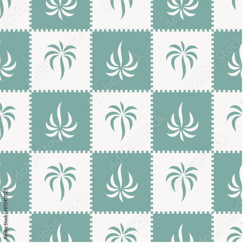 Checkered pattern with stylish palm tree print. vector seamless pattern