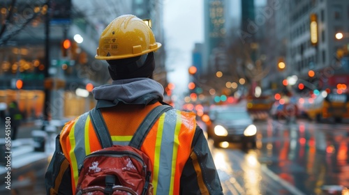 Construction Worker in Reflective Vest and Safety Helmet on Job Site