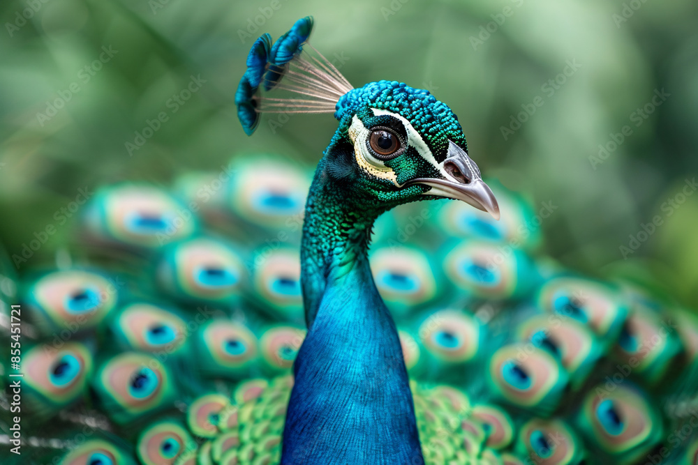 A peacock with vibrant blue and green plumage, its head turned to the side, partially obscured by its magnificent tail feathers. A peacock with vibrant blue and green plumage, its head turned to the side, partially obscured by its magnificent tail feathers.
