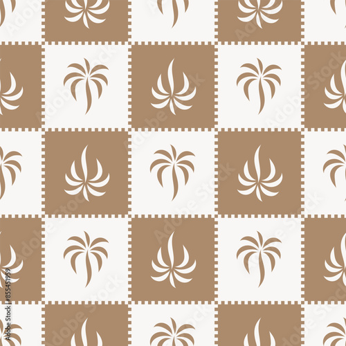 Checkered pattern with stylish palm tree print. vector seamless pattern in ocre
