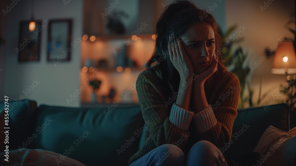 Woman experiencing a panic attack sitting alone on a couch Woman experiencing a panic attack sitting alone on a couch