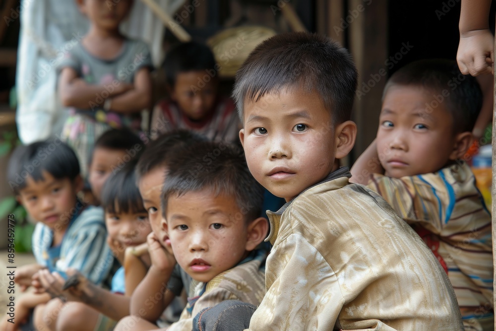 Thai boys and girls in traditional clothes sit and smile in the village. Thai boys and girls in traditional clothes sit and smile in the village.