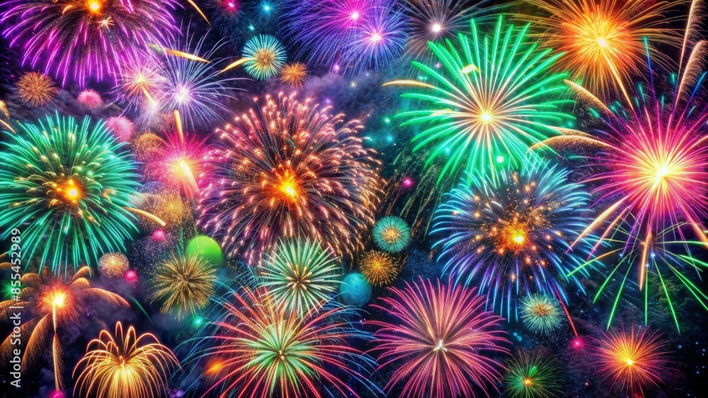 Vibrant, swirling fireworks erupt in a kaleidoscope of colours, illuminating the dark background with bursts of pink, green, blue, and gold, a truly mesmerizing spectacle. Vibrant, swirling fireworks erupt in a kaleidoscope of colours, illuminating the dark background with bursts of pink, green, blue, and gold, a truly mesmerizing spectacle.