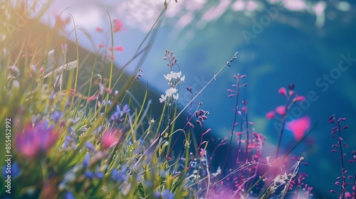 Mountain flowers, close-up, soft sidelighting, vibrant colors, cinematic style, high elevation  photo