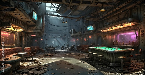 abandoned empty bar interior. dystopian post apocalyptic building interior with debris, junk, and scrap.