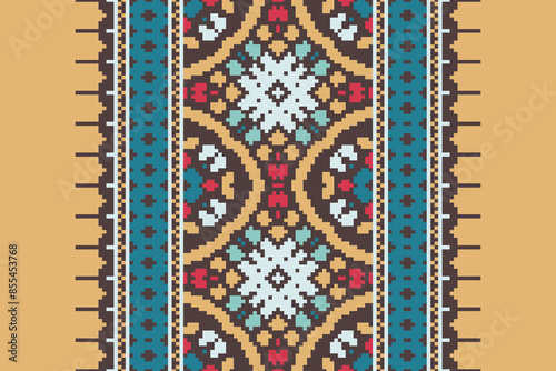 Traditional Floral pixel art seamless pattern. Vector Design for fabric, tile, embroidery, carpet, background, and wallpaper.