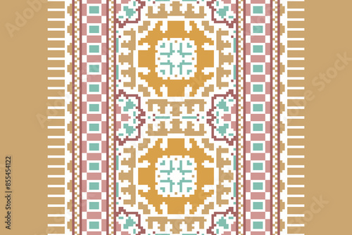 Traditional Floral pixel art seamless pattern. Vector Design for fabric, tile, embroidery, carpet, background, and wallpaper.