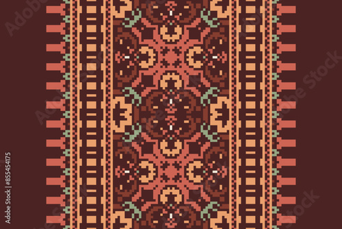 Traditional Floral pixel art seamless pattern. Vector Design for fabric, tile, embroidery, carpet, background, and wallpaper.