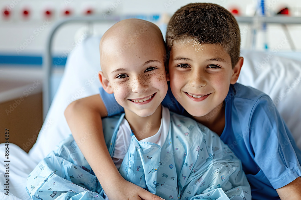 little bald girl after chemotherapy session with her caring and supportive brother in a hospital room, supporting family, hope and recovery from cancer little bald girl after chemotherapy session with her caring and supportive brother in a hospital room, supporting family, hope and recovery from cancer