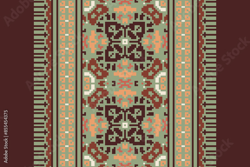 Traditional Floral pixel art seamless pattern. Vector Design for fabric, tile, embroidery, carpet, background, and wallpaper.