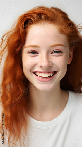  closeup portrait of amazing young red hair woman attractive appearance isolated over colorful background