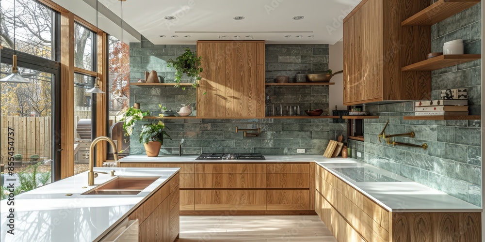 Modern Kitchen with Wood Cabinets and Green Tile Backsplash Modern Kitchen with Wood Cabinets and Green Tile Backsplash