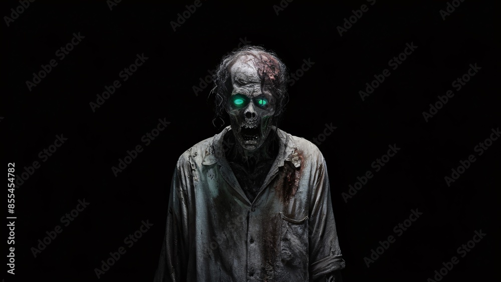 Scary zombie with mouth open and glowing turquoise eyes stands in the middle of darkness. Scary zombie with mouth open and glowing turquoise eyes stands in the middle of darkness.