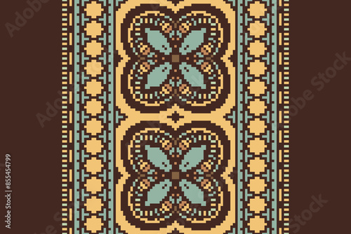 Traditional Floral pixel art seamless pattern. Vector Design for fabric, tile, embroidery, carpet, background, and wallpaper.