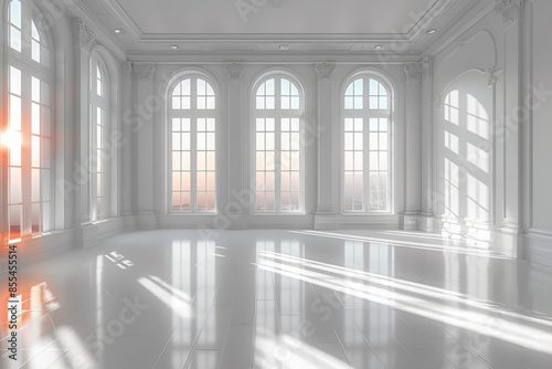 Bright white room with large windows and city view