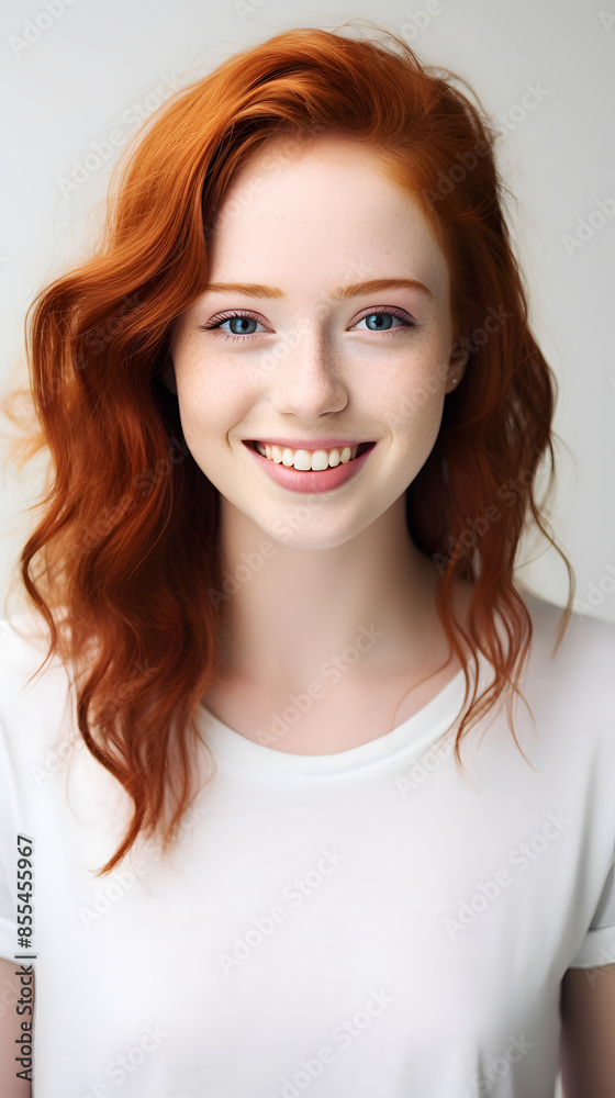  closeup portrait of amazing young red hair woman attractive appearance isolated over colorful background